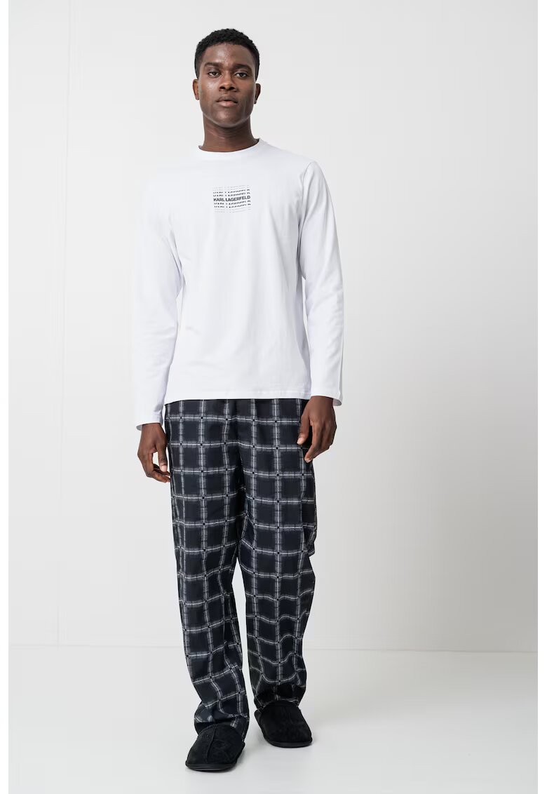 Karl Lagerfeld Pijama de bumbac cu pantaloni lungi - Negru/Alb optic