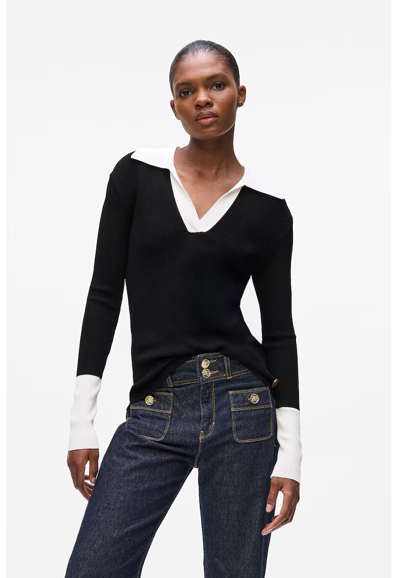Karl Lagerfeld Pulover cu guler contrastant - Alb/Negru