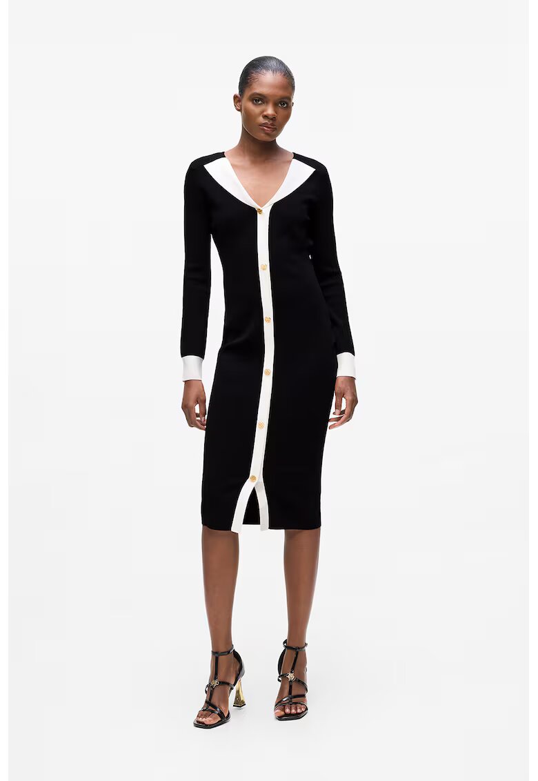 Karl Lagerfeld Rochie midi tricotata cu nasturi - Alb/Negru