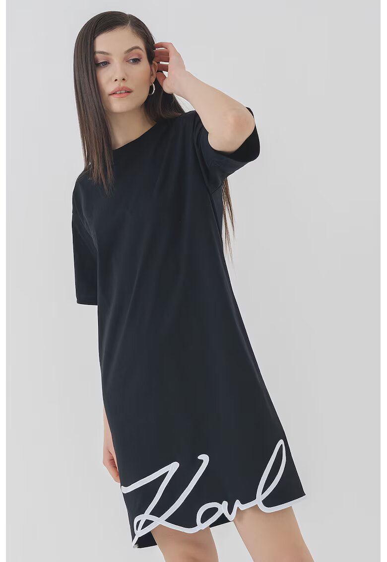 Karl Lagerfeld Rochie-tricou de bumbac organic cu logo - Alb/Negru