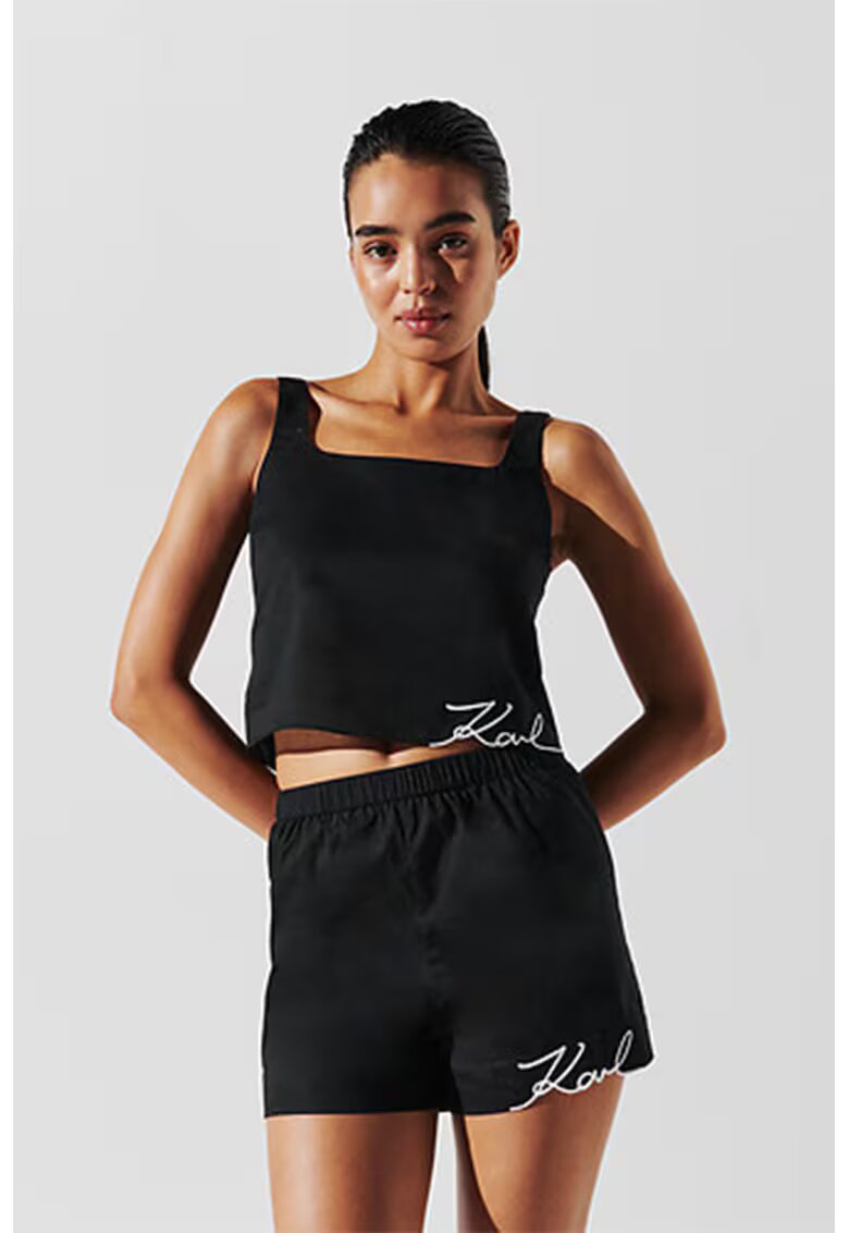 Karl Lagerfeld Top din bumbac cu logo - Negru