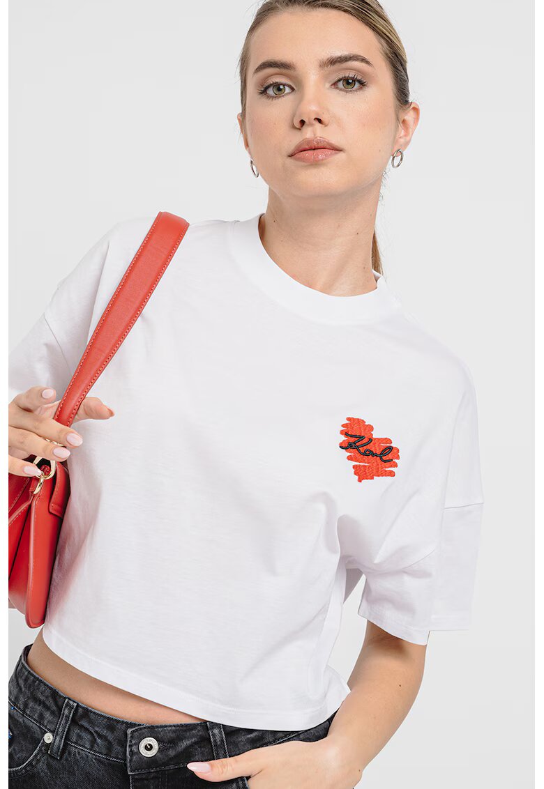 Karl Lagerfeld Tricou crop supradimensionat de bumbac - Rosu/Alb optic