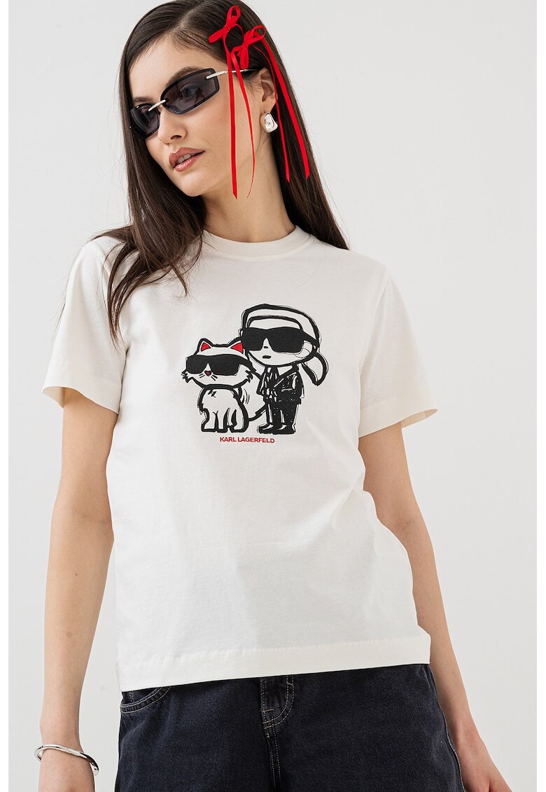 Karl Lagerfeld Tricou cu decolteu la baza gatului si imprimeu Ikon - Alb