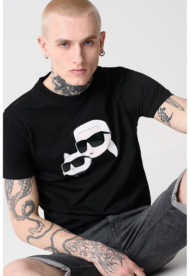 Karl Lagerfeld Tricou cu decolteu la baza gatului si imprimeu logo - Negru/Alb murdar