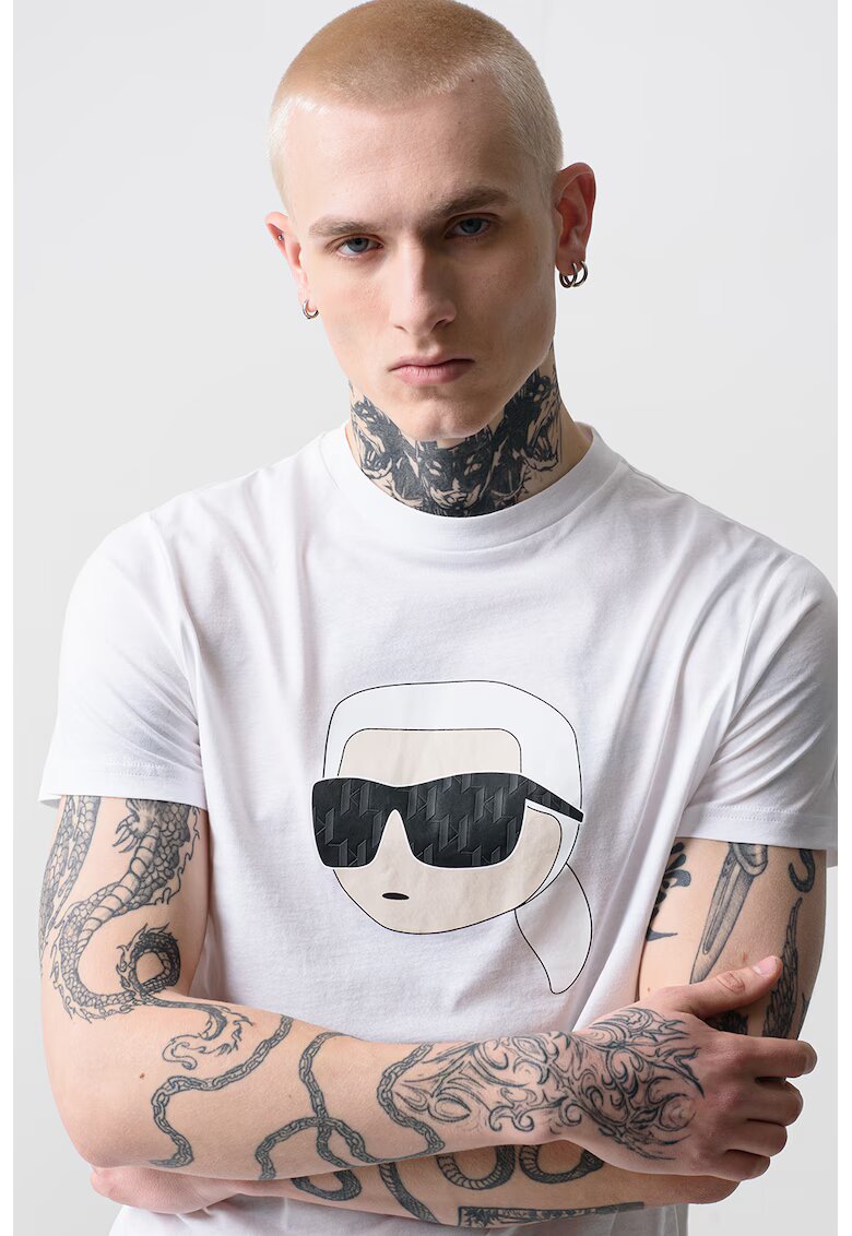 Karl Lagerfeld Tricou de bumbac cu decolteu la baza gatului si imprimeu logo - Alb optic
