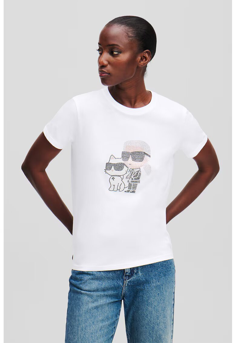 Karl Lagerfeld Tricou de bumbac organic cu aplicatii logo din strasuri - Negru/Alb optic