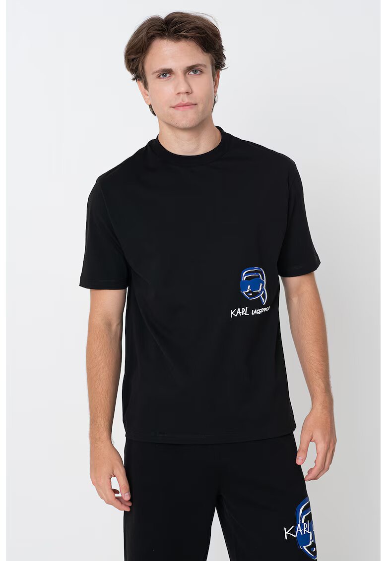 Karl Lagerfeld Tricou din bumbac cu decolteu la baza gatului si logo - Alb/Negru/Albastru royal