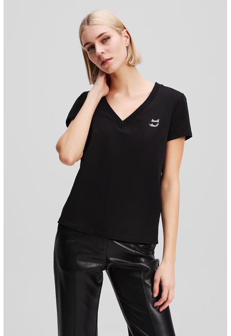 Karl Lagerfeld Tricou din bumbac organic cu decolteu in V - Negru