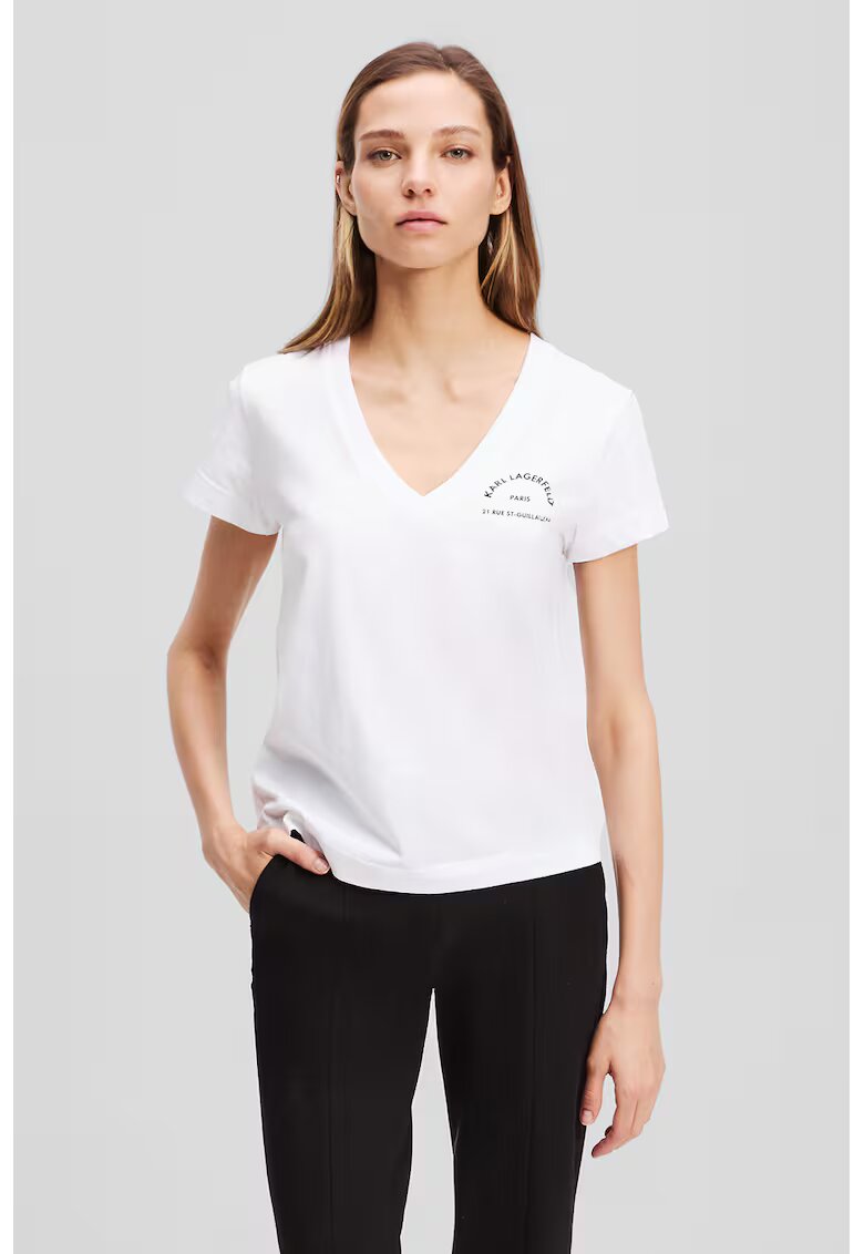 Karl Lagerfeld Tricou din bumbac organic cu imprimeu logo si decolteu in V - Alb
