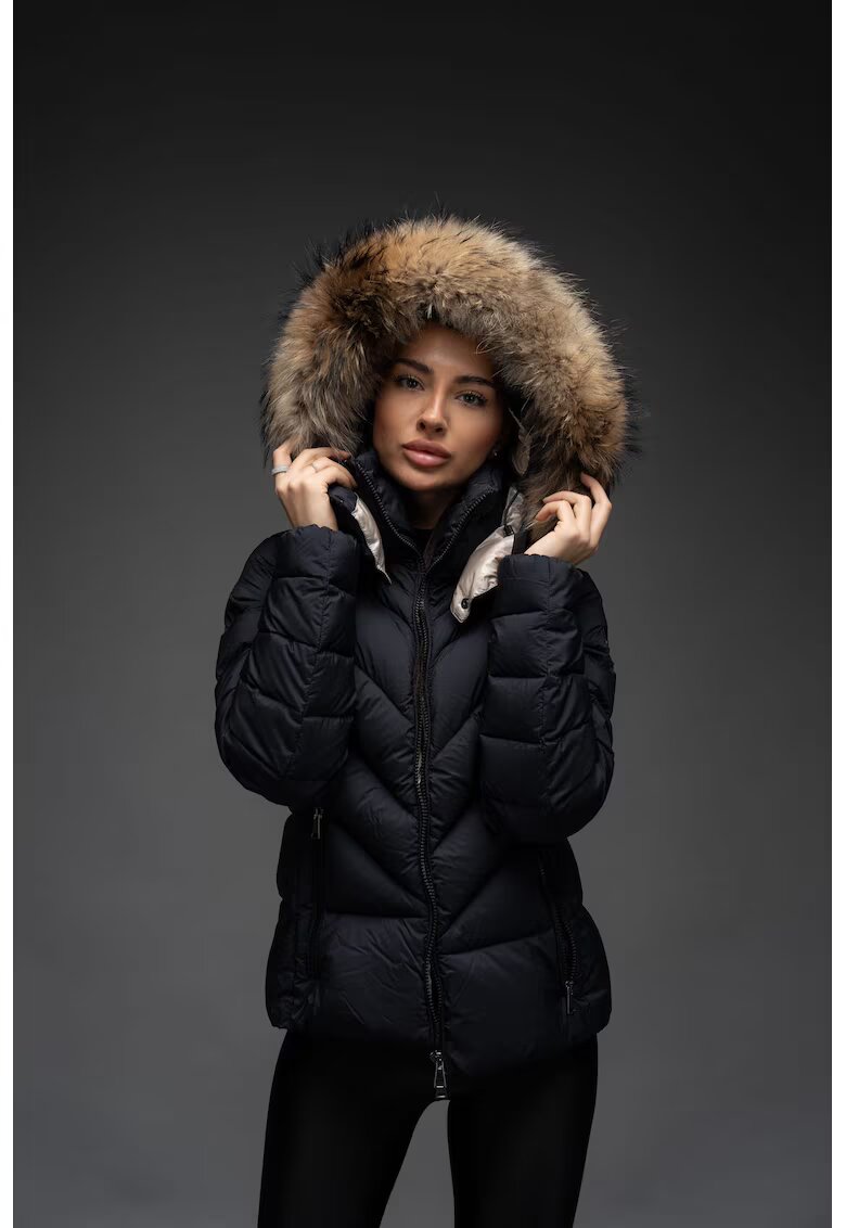 Katerini Geaca matlasata cu umplutura de puf gasca eleganta cambrata scurta cu gluga detasabila si blana - ELLERY - culoare Negru - marime M -