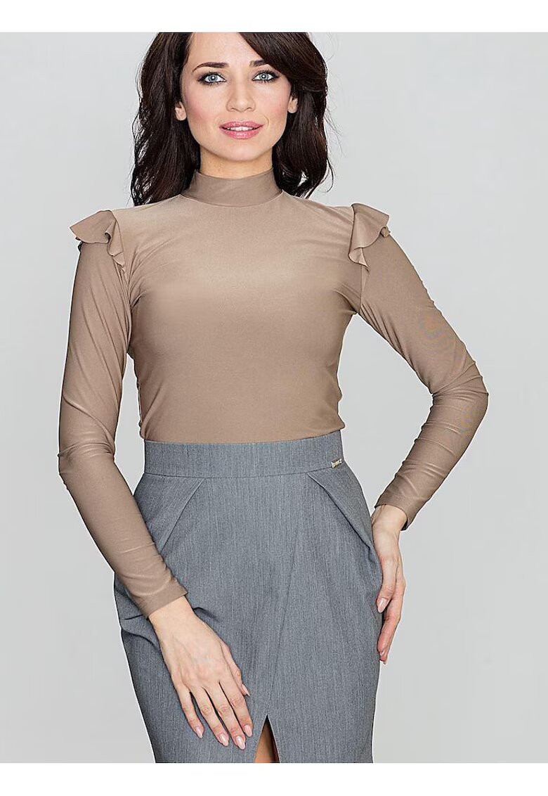 KATRUS Bluza dama bej - poliester - maneci lungi - ornament volan
