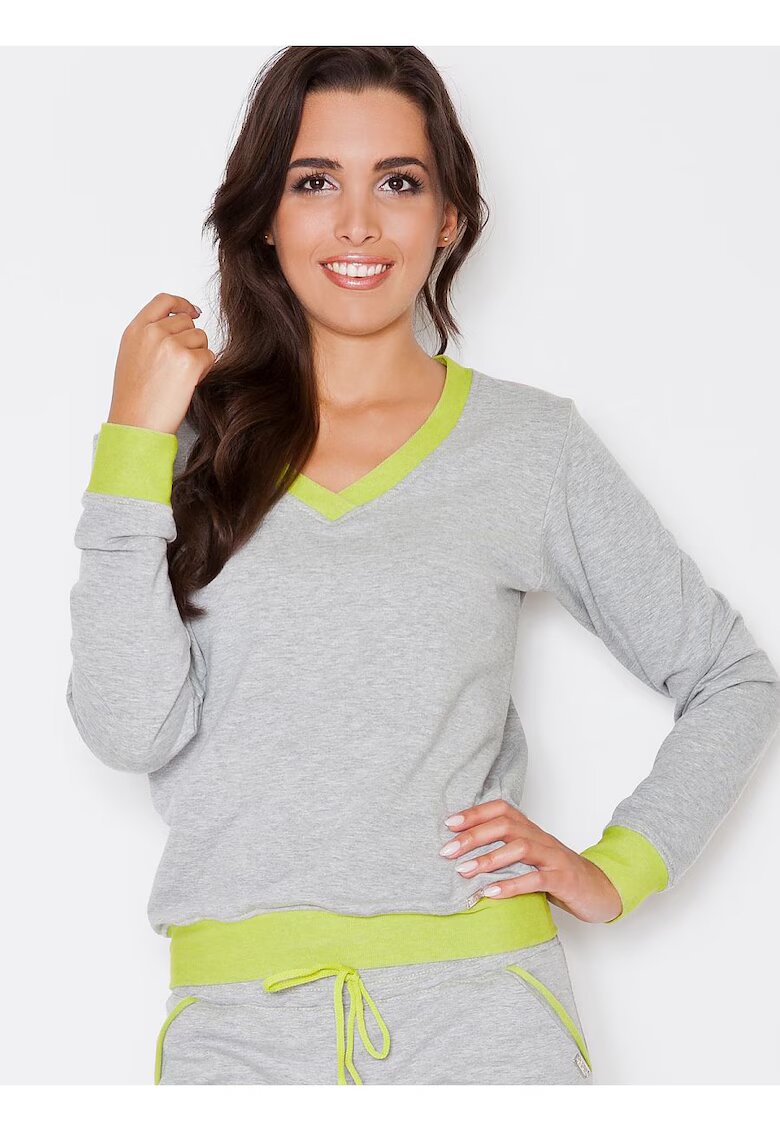 KATRUS Bluza dama gri - maneci lungi - decolteu in V - bumbac 75%
