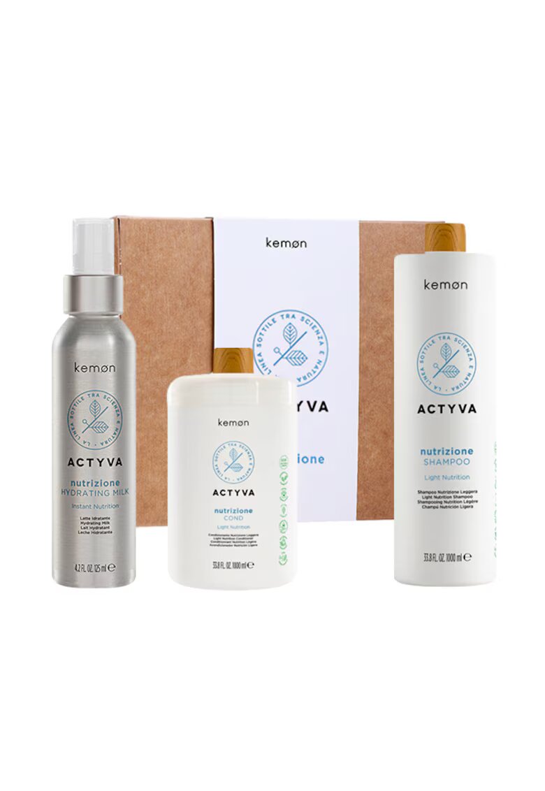 Kemon Set de hidratare Actyva Nutrizione - Sampon 1000 ml - Balsam 1000 ml - Lapte 125 ml