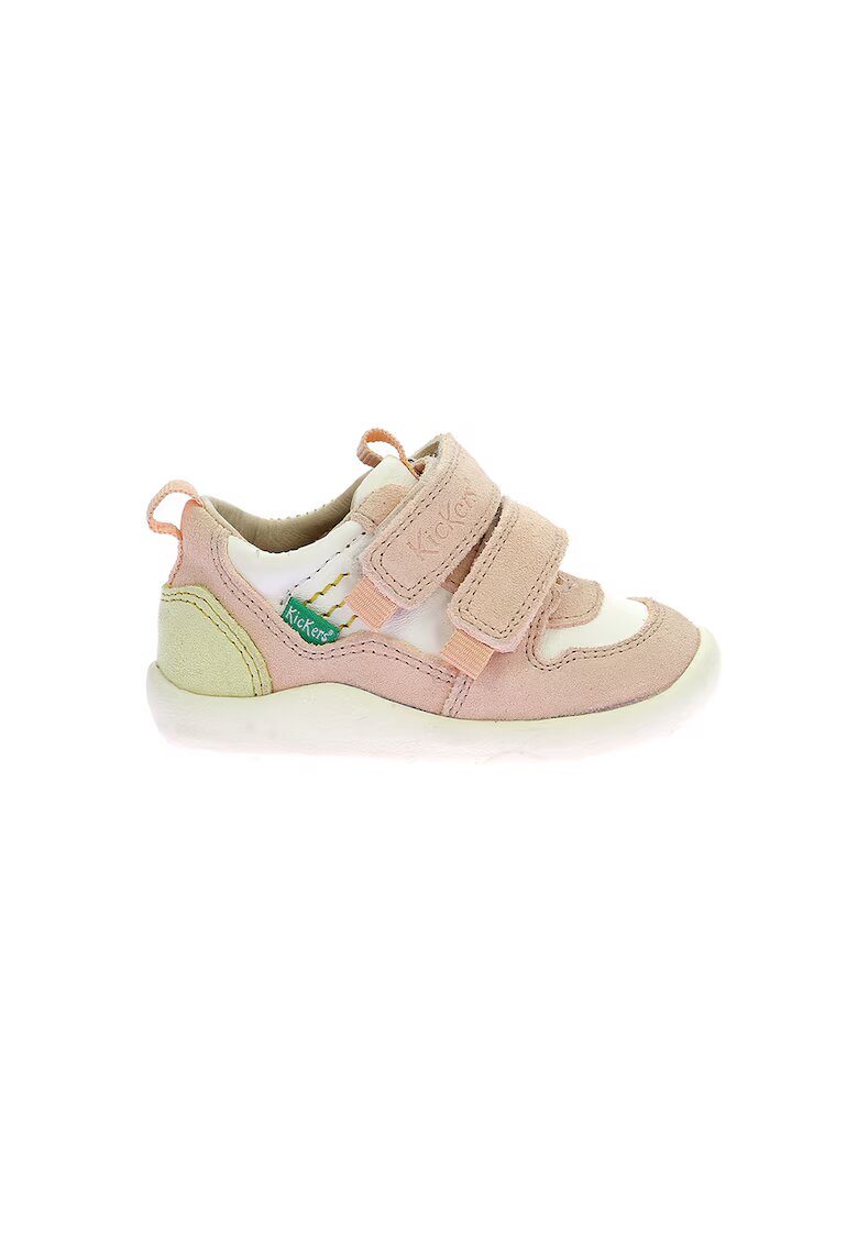 Kickers Pantofi sport de piele cu velcro - Alb murdar/Roz pal