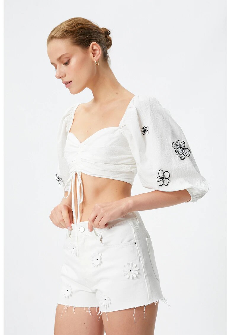 KOTON Bluza crop cu broderii - Alb murdar