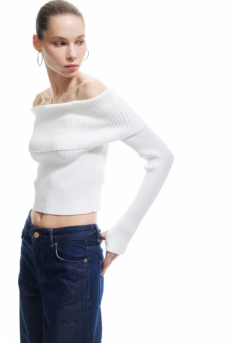 KOTON Bluza crop cu decolteu pe umeri - Alb