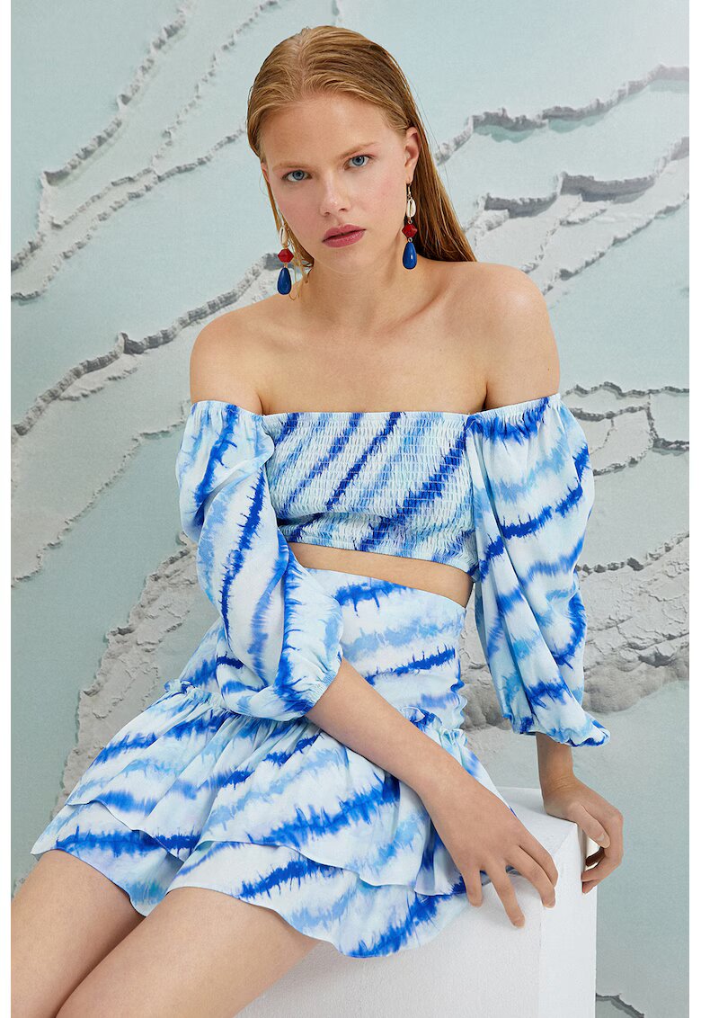 KOTON Bluza crop cu decolteu pe umeri - Alb/Albastru