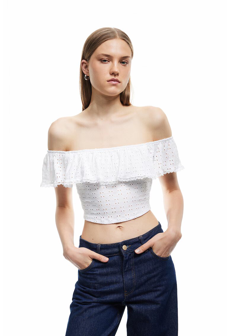KOTON Bluza crop cu decolteu pe umeri - Alb murdar