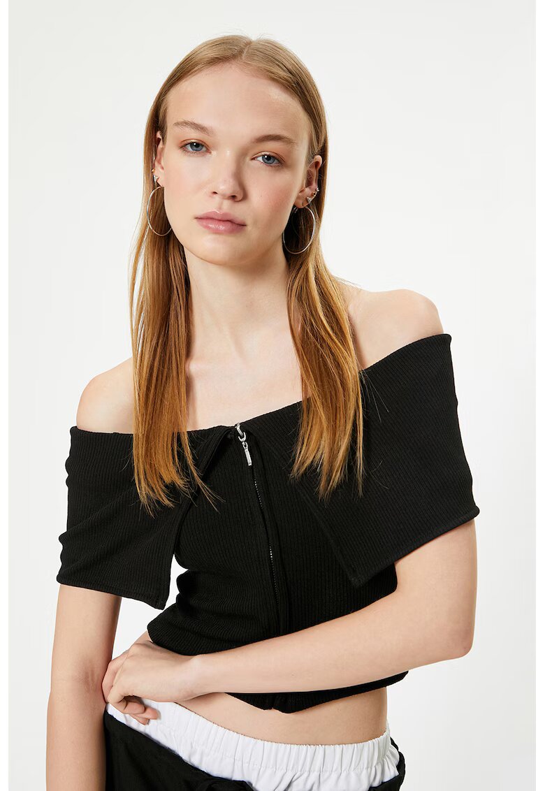 KOTON Bluza crop cu decolteu pe umeri - Negru