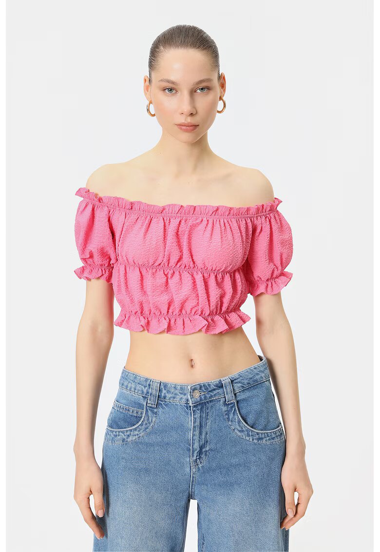 KOTON Bluza crop cu decolteu pe umeri si model drapat - Fucsia
