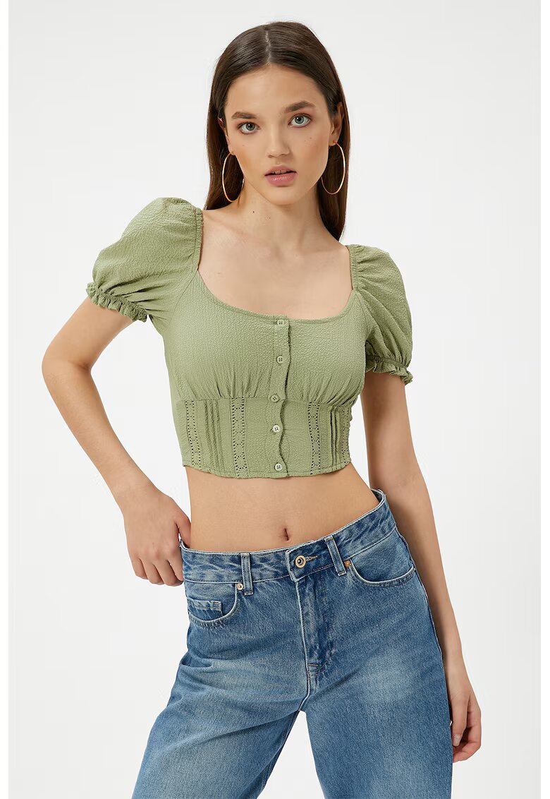 KOTON Bluza crop cu detalii cu fronseu - Kaki
