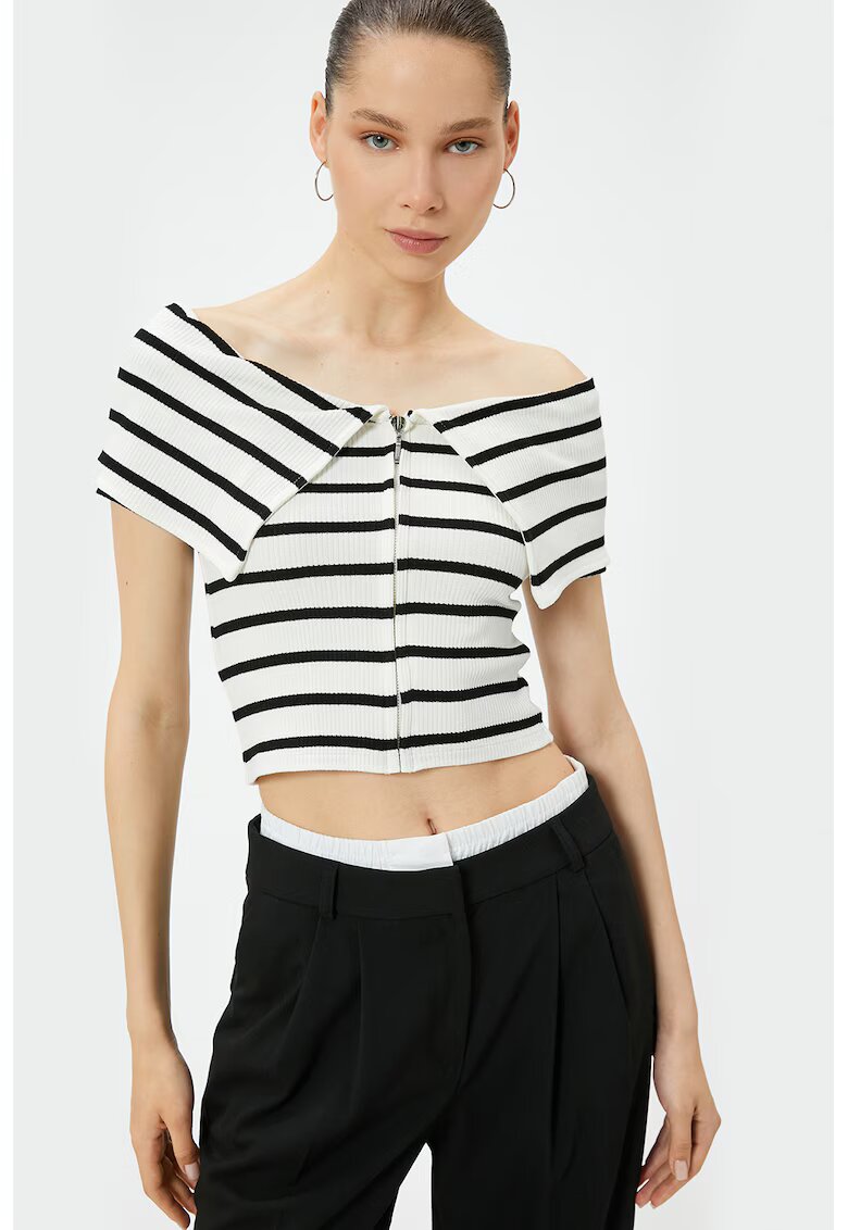KOTON Bluza crop cu dungi si decolteu pe umeri - Alb/Negru
