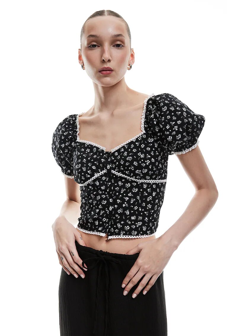 KOTON Bluza crop cu maneci bufante - Alb/Negru