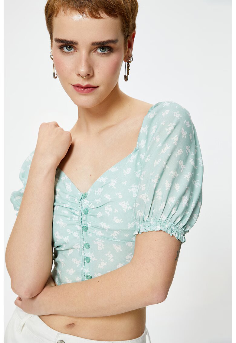 KOTON Bluza crop cu model floral - Albastru glaciar