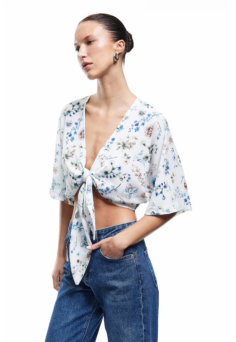 KOTON Bluza crop cu snur frontal - Alb/Albastru deschis