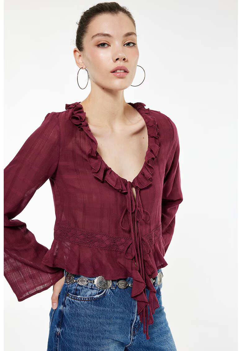 KOTON Bluza crop cu volane - Rosu inchis