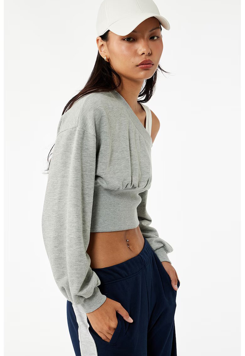 KOTON Bluza crop de trening cu decolteu pe un umar - Gri deschis