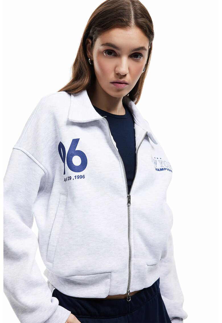 KOTON Bluza crop de trening cu fermoar si imprimeu pe spate - Albastru inchis/Gri deschis melange
