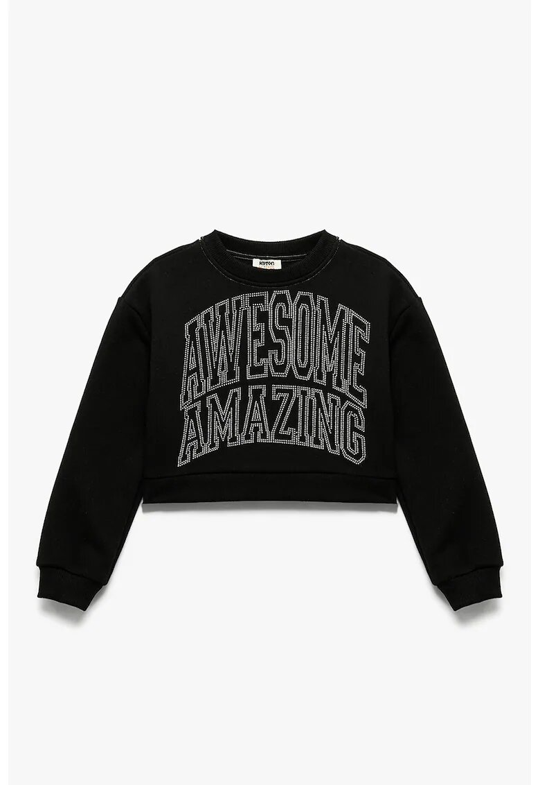 KOTON Bluza crop de trening cu imprimeu text - Alb/Negru