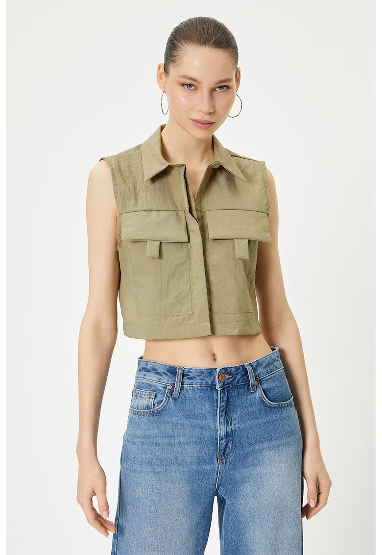 KOTON Bluza crop fara maneci cu buzunare pe piept - Kaki