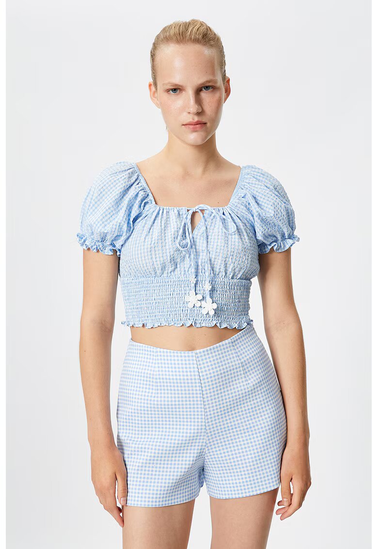 KOTON Bluza crop in carouri - Alb/Albastru pastel