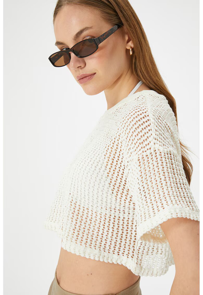 KOTON Bluza crop semitransparenta cu maneci cazute - Alb/Transparent