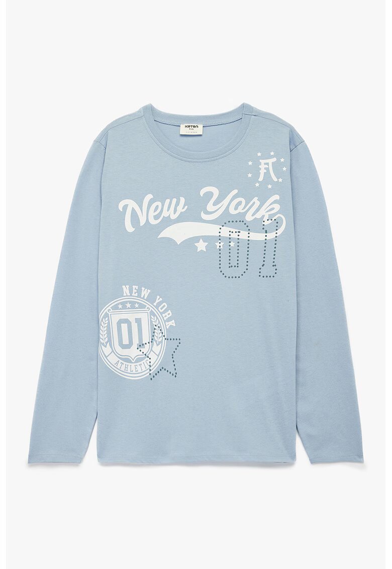 KOTON Bluza cu imprimeu text - Alb fildes/Albastru deschis