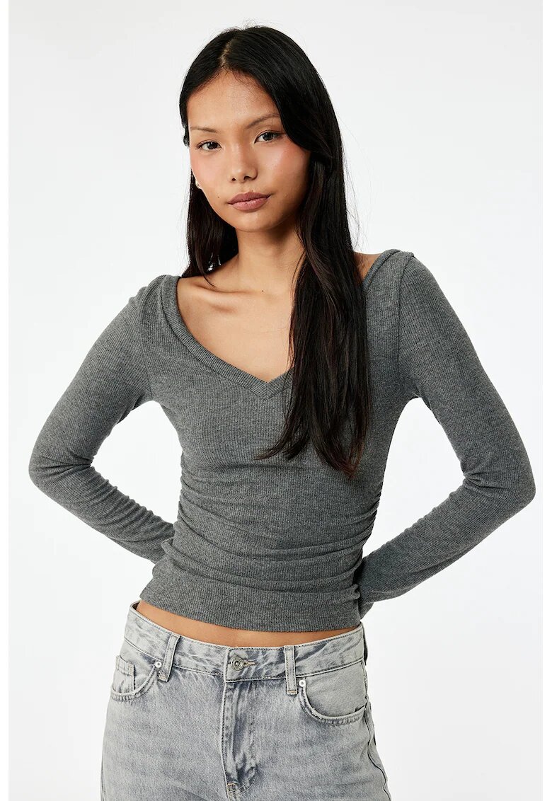 KOTON Bluza cu volane slim fit - Gri inchis
