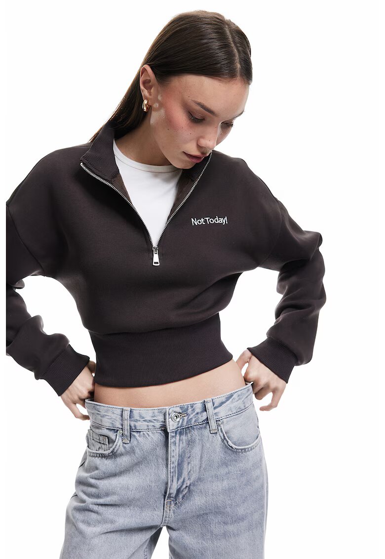 KOTON Bluza de trening crop cu fenta cu fermoar - Maro inchis