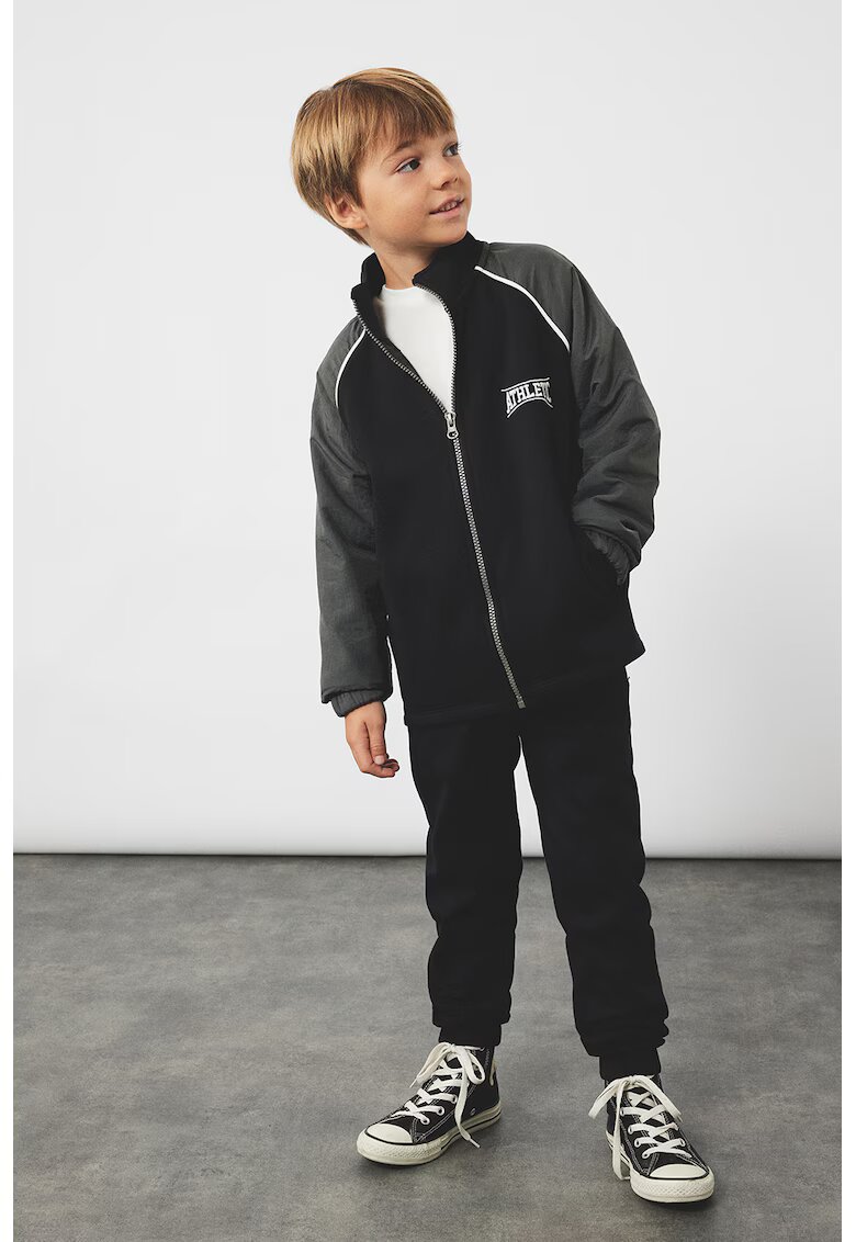KOTON Bluza de trening cu design text si fermoar - Negru/Gri inchis
