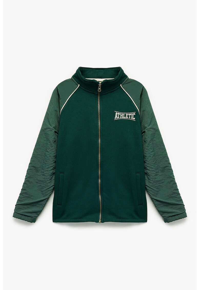 KOTON Bluza de trening cu design text si fermoar - Verde inchis