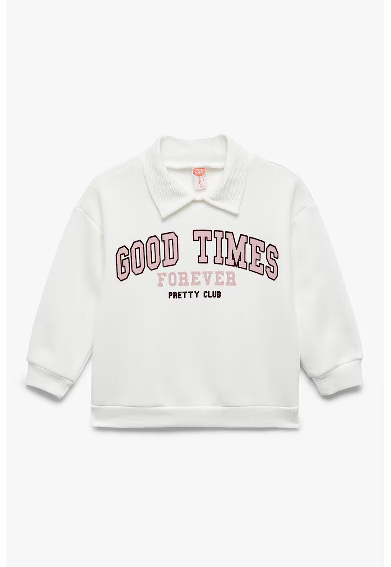 KOTON Bluza de trening cu imprimeu si guler polo - Alb fildes/Roz