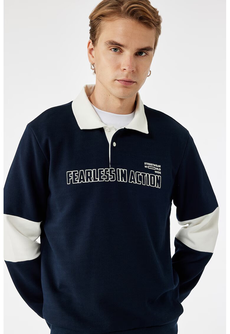 KOTON Bluza de trening polo din amestec de bumbac cu fenta cu nasturi - Alb/Bleumarin