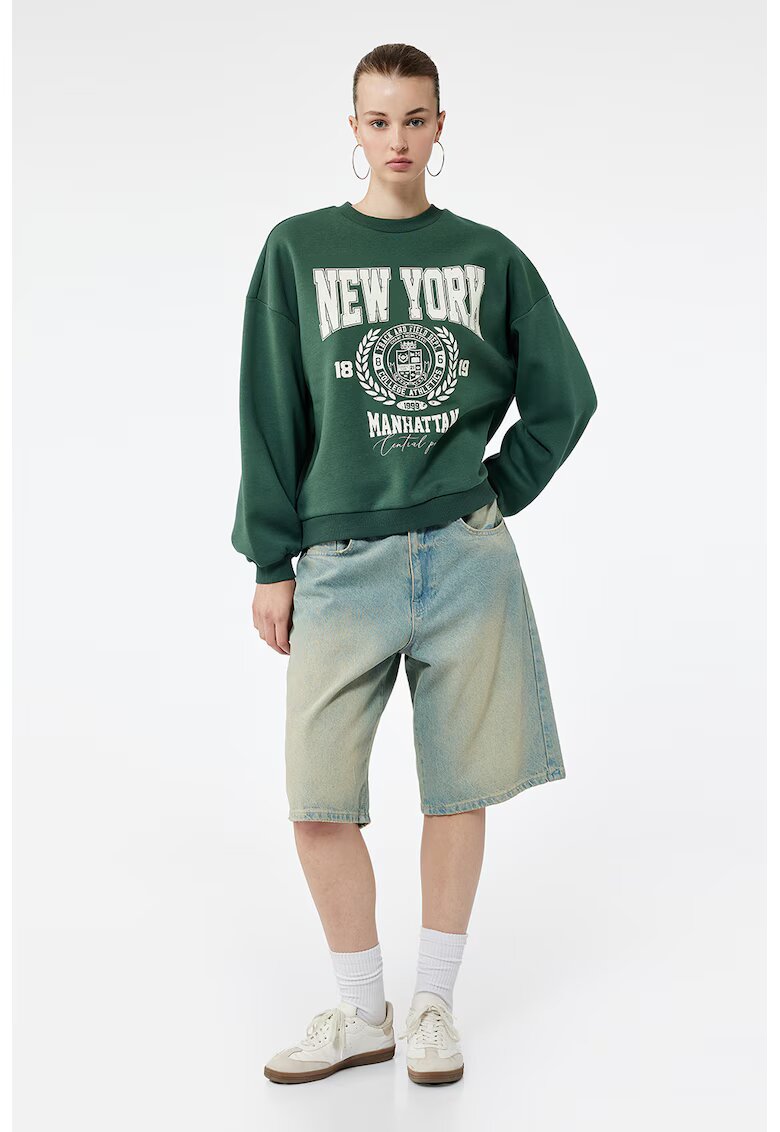 KOTON Bluza de trening relaxed-fit cu imprimeu - Alb fildes/Verde feriga