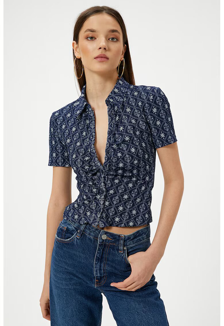 KOTON Camasa crop cu model - Alb/Bleumarin