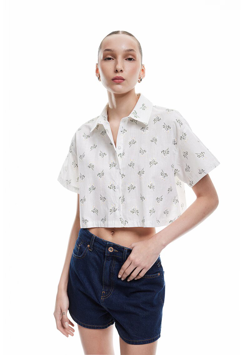 KOTON Camasa crop cu model floral - Verde/Alb optic