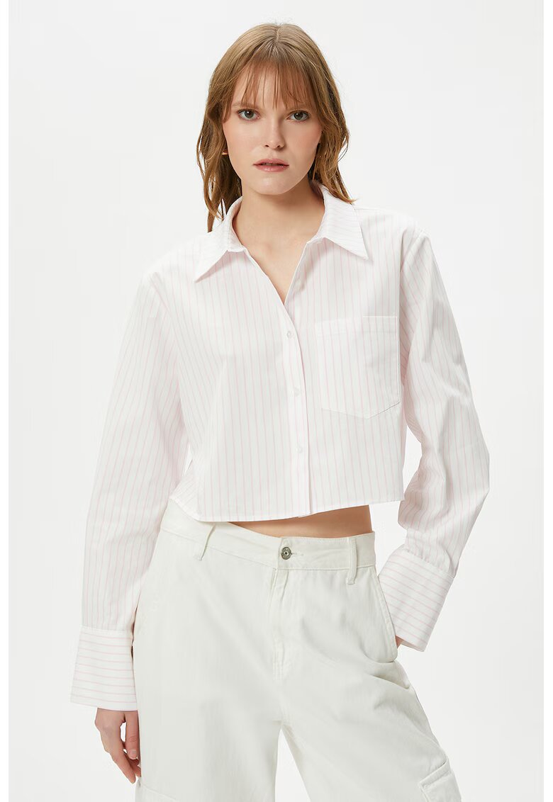KOTON Camasa crop cu model in dungi - Alb/Roz pal