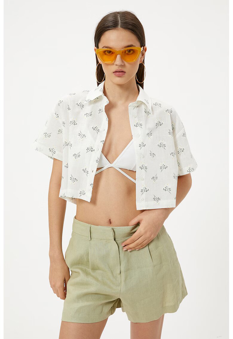 KOTON Camasa crop cu model si cu maneci scurte - Alb/Verde/Galben