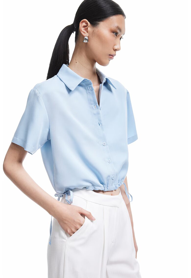 KOTON Camasa crop din amestec de modal cu snur - Albastru deschis