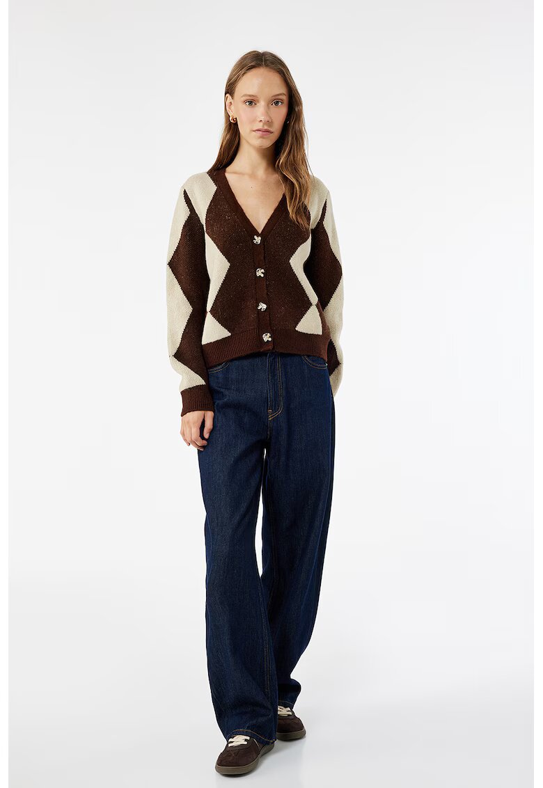 KOTON Cardigan lejer cu model geometric - Maro inchis/Bej